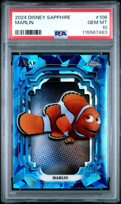 Graded 2024 Topps Chrome Disney Sapphire Marlin #106 Finding Nemo Pixar Trading Card PSA 10 Gem Mint