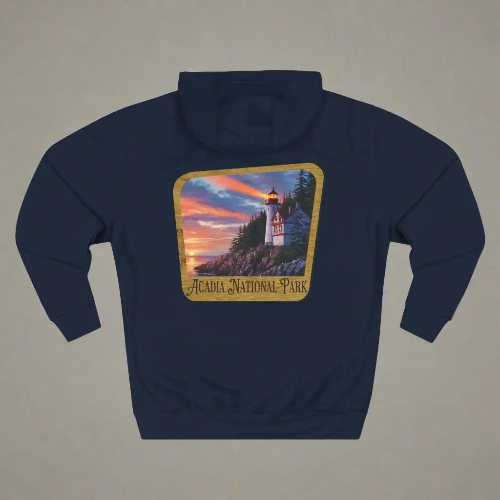 Acadia National Park Fleece Hoodie Scenic Coastal Graphic Wooden Mountain Sign