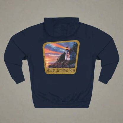 Acadia National Park Fleece Hoodie Scenic Coastal Graphic Wooden Mountain Sign