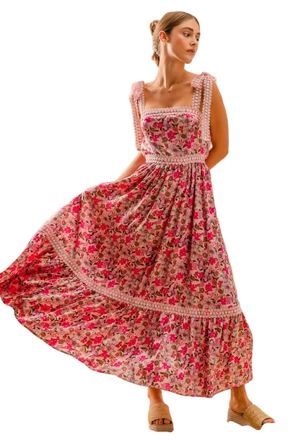 Floral Maxi Dress with Ribbon Tie Lace Strap