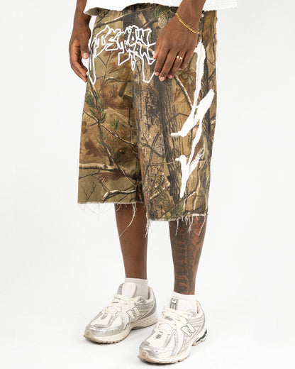 CAMO “GRAFFITI BLITZ” LONG STRAIGHT DENIM SHORTS
