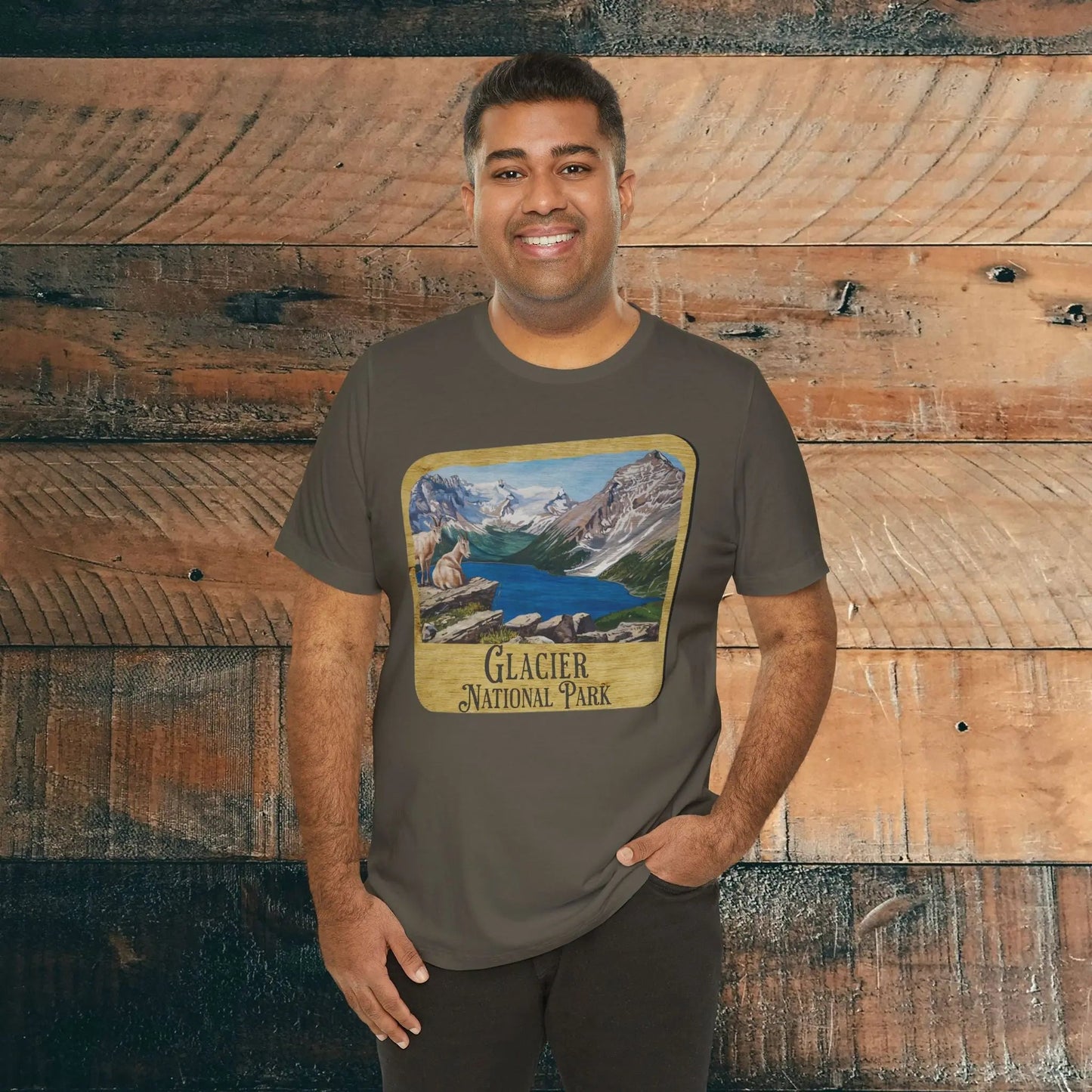 Glacier National Park Unisex Fit Short Sleeve T-Shirt Wood Sign