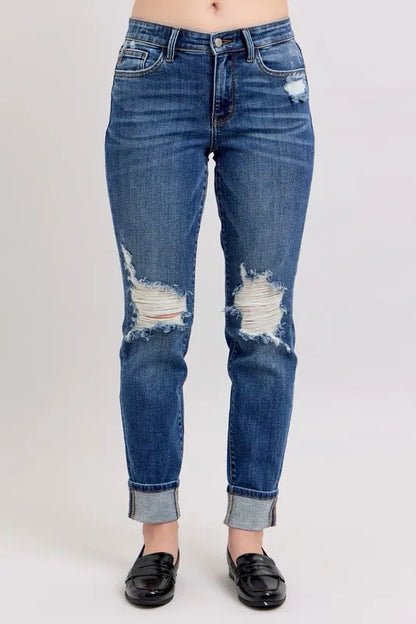 Judy Blue Full Size Midi Rise Boyfriend destroy Jeans with Yoke Pockets and Faux Selvedge Cuff Plus Size
