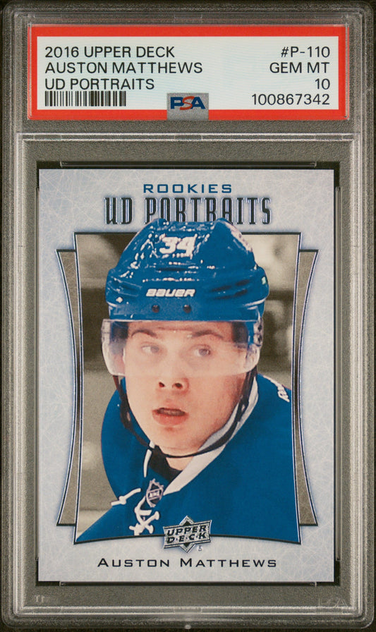 Graded 2016 Upper Deck Auston Matthews #P110 UD Portraits Rookie RC Hockey Card PSA 10 Gem Mint