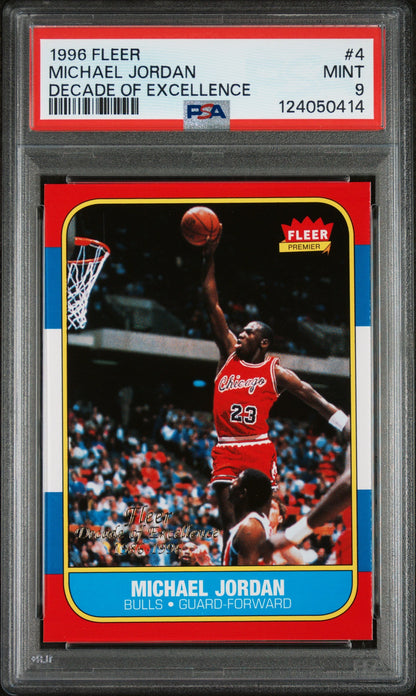 Graded 1996 Fleer Michael Jordan #4 Decade of Excellence Rookie Reprint Basketball Card PSA 9 Mint - Triathlete Store