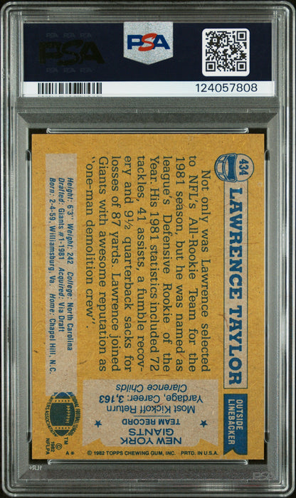 Graded 1982 Topps Lawrence Taylor #434 Rookie RC Signed Football Card PSA 6 Card - Auto Grade Authentic