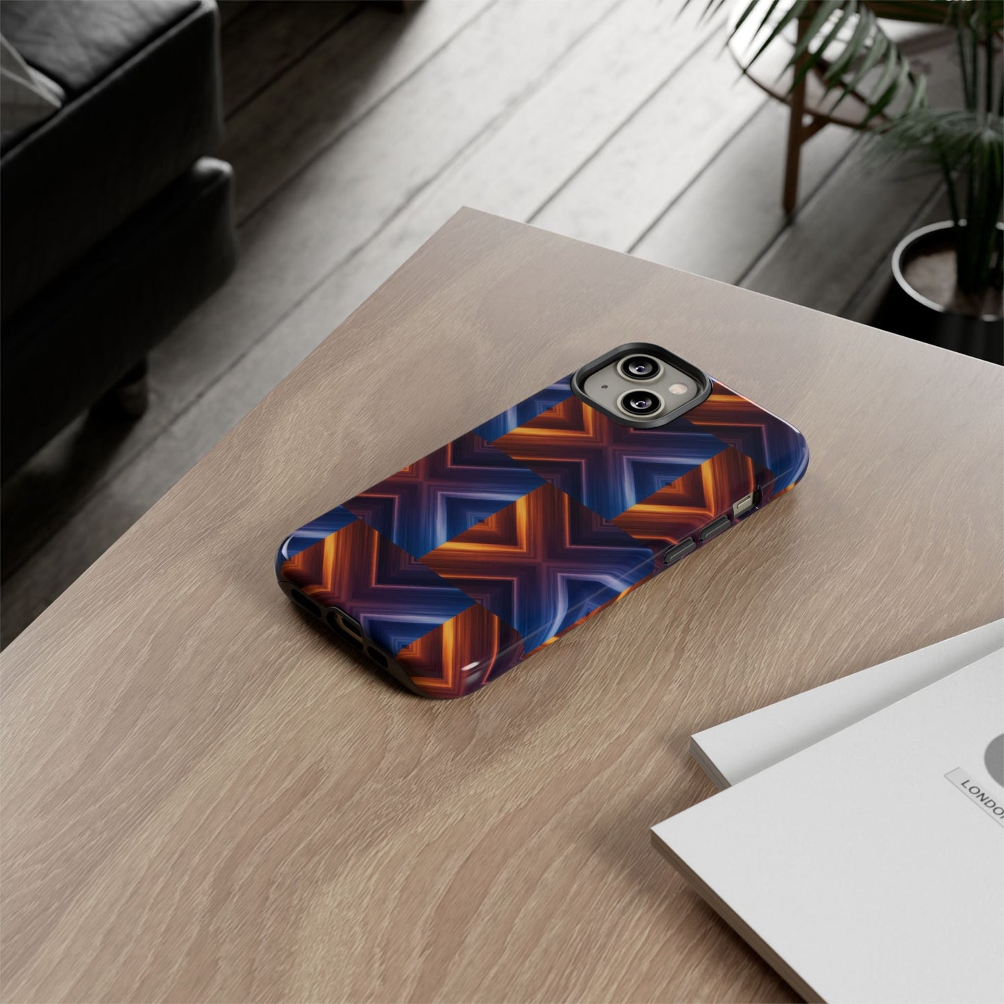 Stylish Tough Phone Case With Blue & Orange Abstract Design