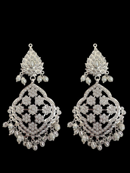 Mehru Jadau chandbali earrings tika in pearls - silver plated ( SHIPS IN 3 WEEKS )
