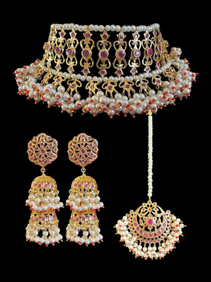 C534 Viya bridal choker set in rubies and pearls  (SHIPS IN 4 WEEKS )