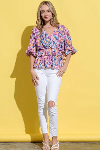 And The Why Printed Lantern Sleeve Blouse