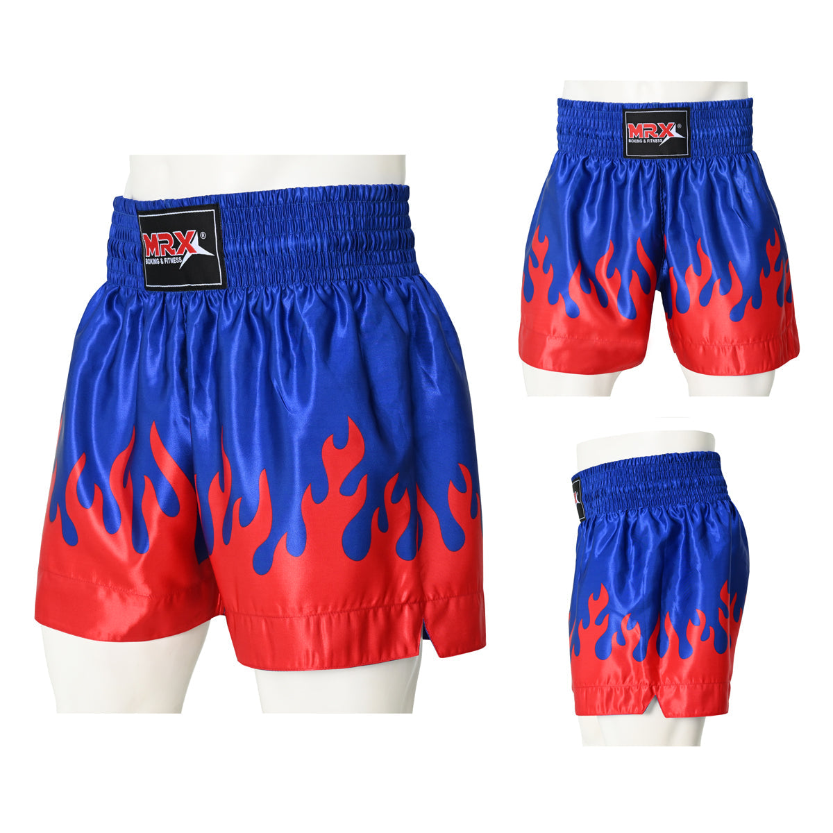 MRX Mens Womens Muay Thai Shorts Kickboxing Fighting Shorts Blue Black Red Flame - Triathlete Store