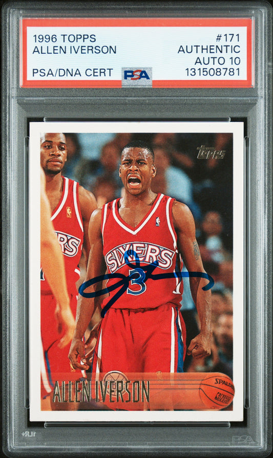 Graded 1996 Topps Allen Iverson #171 Rookie RC Basketball Card PSA 10 Auto Grade Gem Mint