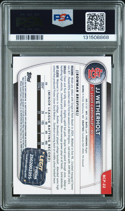 Graded 2025 Topps Bowman JJ Wetherholt #BCP-22 Chrome Prospects Rookie RC Baseball Card PSA 10 Auto Grade Gem Mint