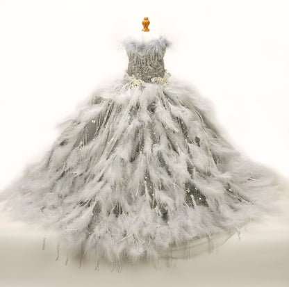 Silver Swan Feather Couture Dog Dress – Luxury Crystal Wedding Gown with Feather Train & Pearl Details