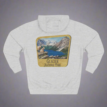 Glacier National Park Unisex Fit Fleece Hoodie Scenic Mountain Goat View Graphic Wooden Sign