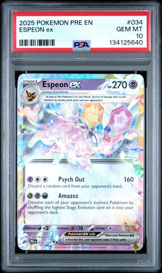 Graded 2025 PKM PRE EN Espeon Ex #034 Prismatic Evolutions Trading Card Game PSA 10 Gem Mint