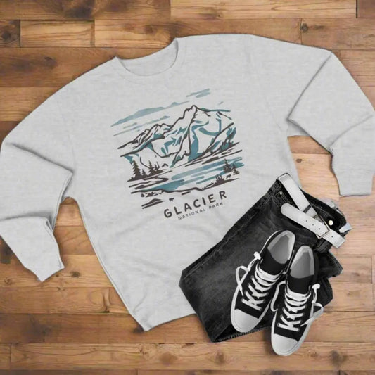 Glacier National Park Unisex Fit Crewneck Sweatshirt Water Color Line Art