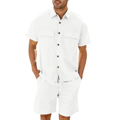 Men's Cotton Linen Two-Piece Summer Set - Short Sleeve Shirt & Shorts