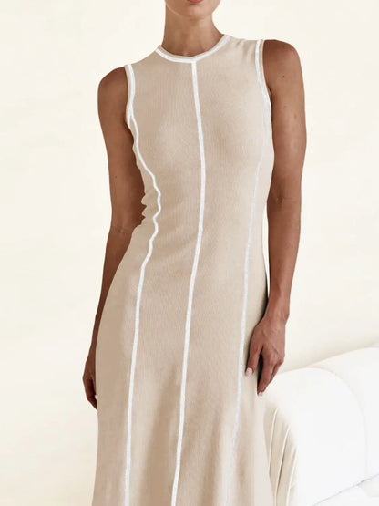 Contrast Stitching Round Neck Sleeveless Midi Dress