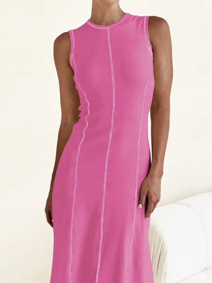 Contrast Stitching Round Neck Sleeveless Midi Dress