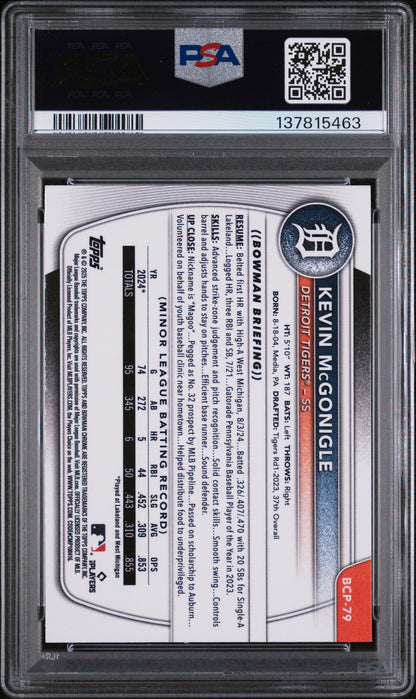 Graded 2025 Topps Bowman Kevin McGonigle #BCP79 Chrome Prospects Rookie RC Baseball Card PSA 10 Gem Mint