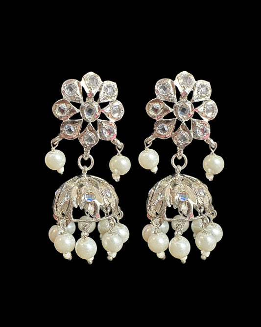 DER753 silver plated jhumka in flower tops ( READY TO SHIP)