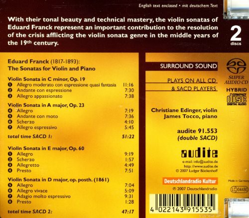 Franck / Edinger / Tocca - Sonatas for Violin & Piano Music CD