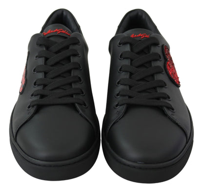 Dolce & Gabbana Black Leather Love Heart Sneakers Womens Shoes