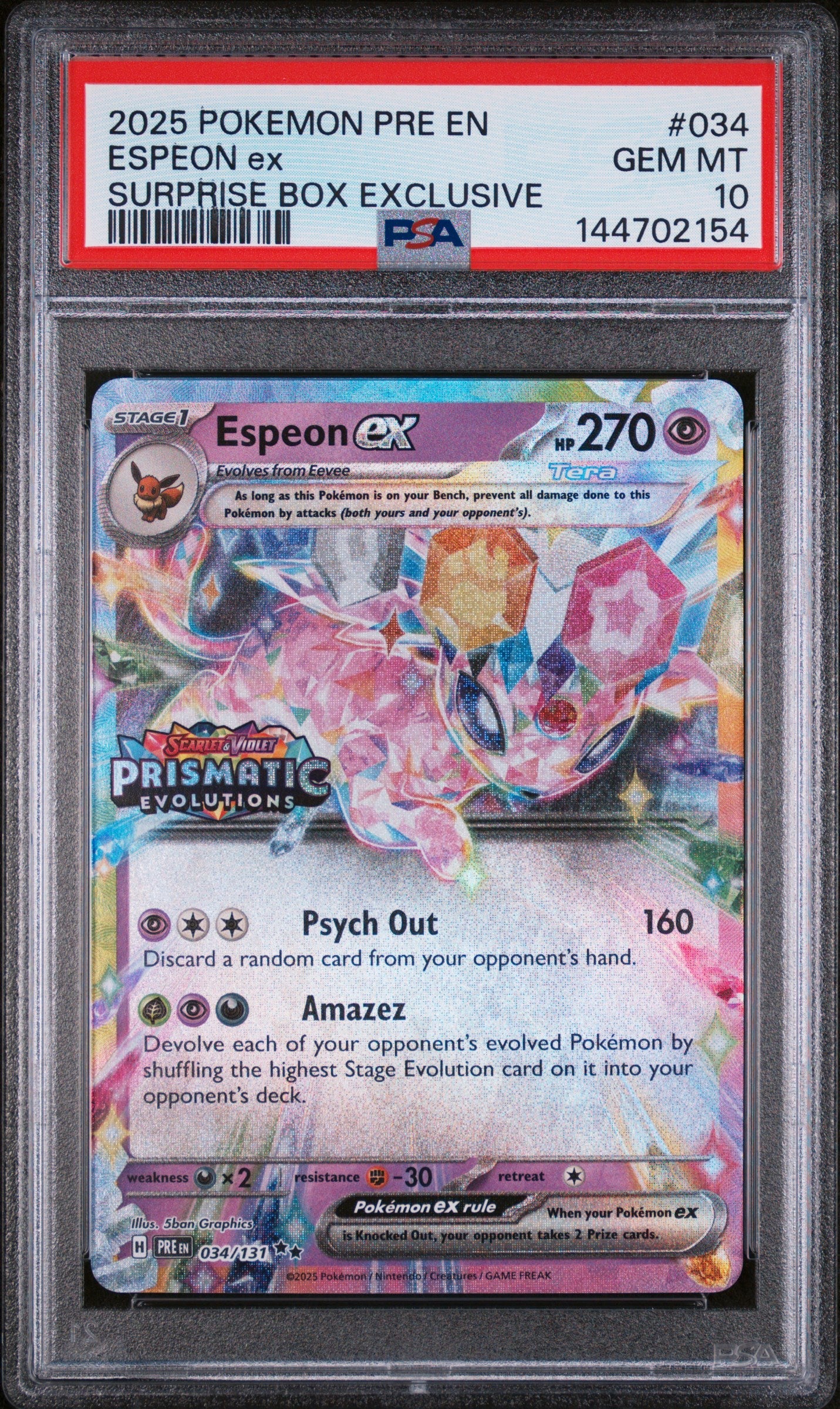 Graded 2025 PKM PRE EN Espeon Ex #034 Surprise Box Exclusive SBE Prism ...