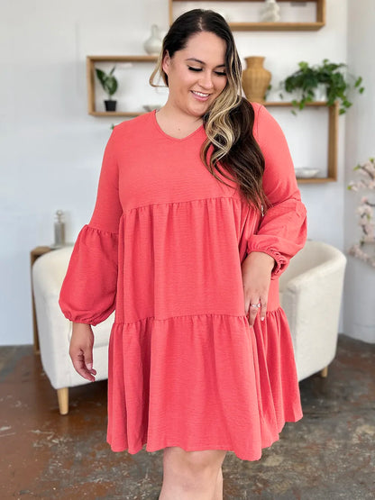 Full-Size V-Neck Balloon Sleeve Tiered Dress with Pockets