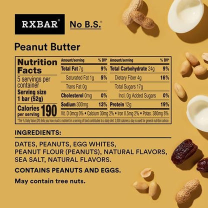 Rxbar Protein Bars, Protein Snack, Snack Bars, Peanut Butter, 9.15Oz Box (5 Bars)