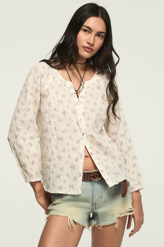 [157828-100] WOMENS LUCKY BRAND LONG SLEEVE BUTTON BLOUSE - CREAM FLORAL