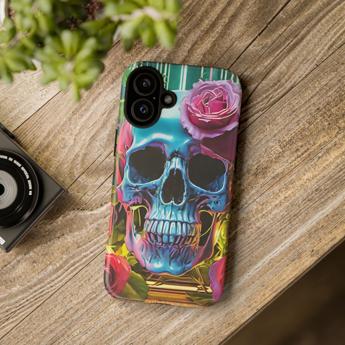 Neon Rose Skull Tough Phone Case