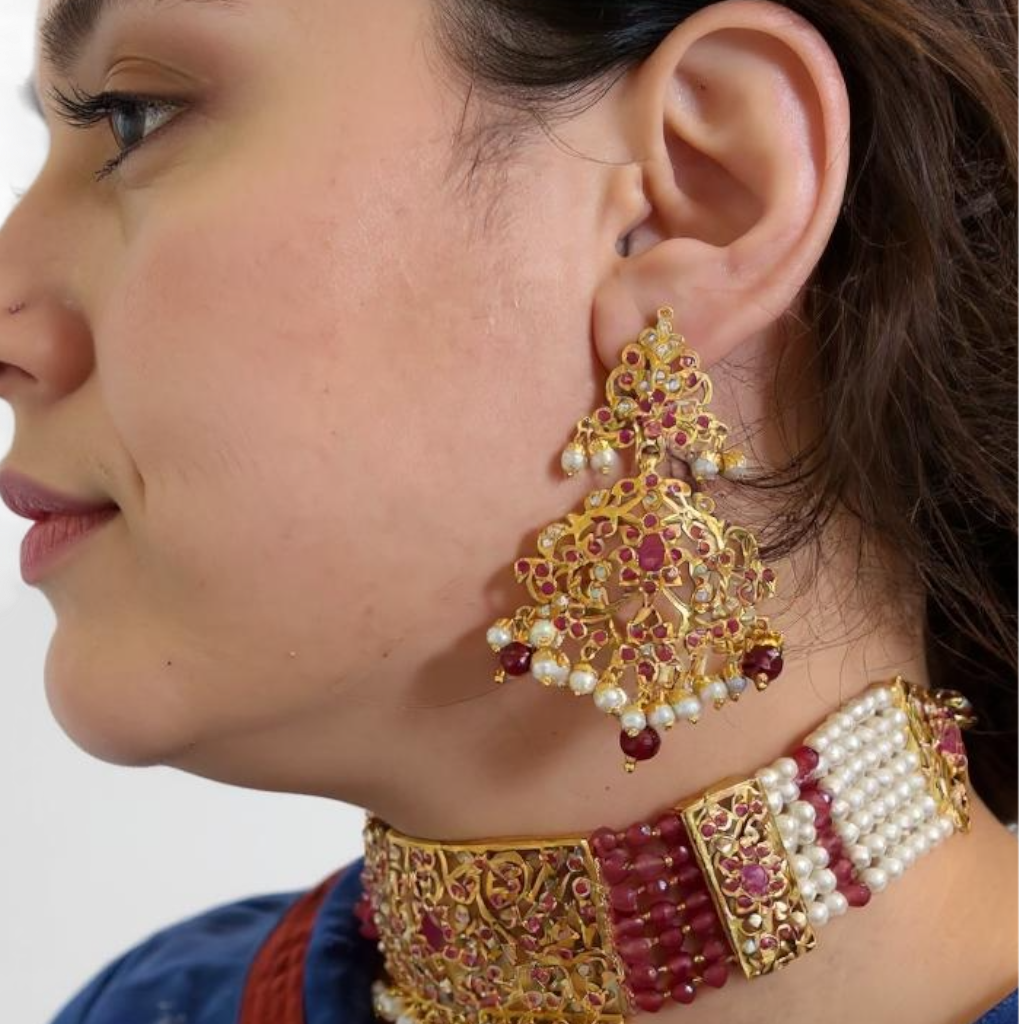 C570 Gold plated jadau choker in Ruby pearls ( READY TO SHIP )