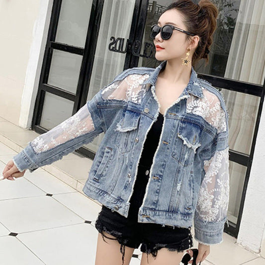 Lightweight Denim Lace Jacket - Blue Wash Sheer Statement