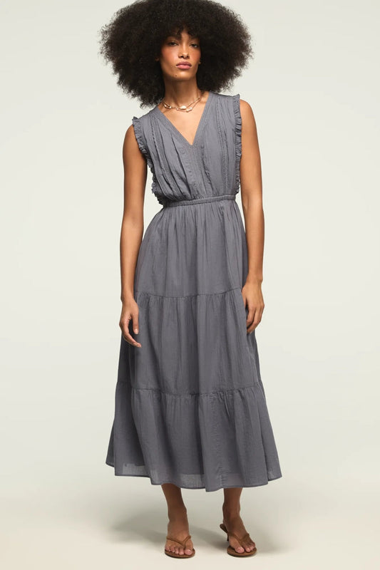[162143-420] WOMENS LUCKY BRAND LACE TRIM TIERED MIDI DRESS - GRISAILLE