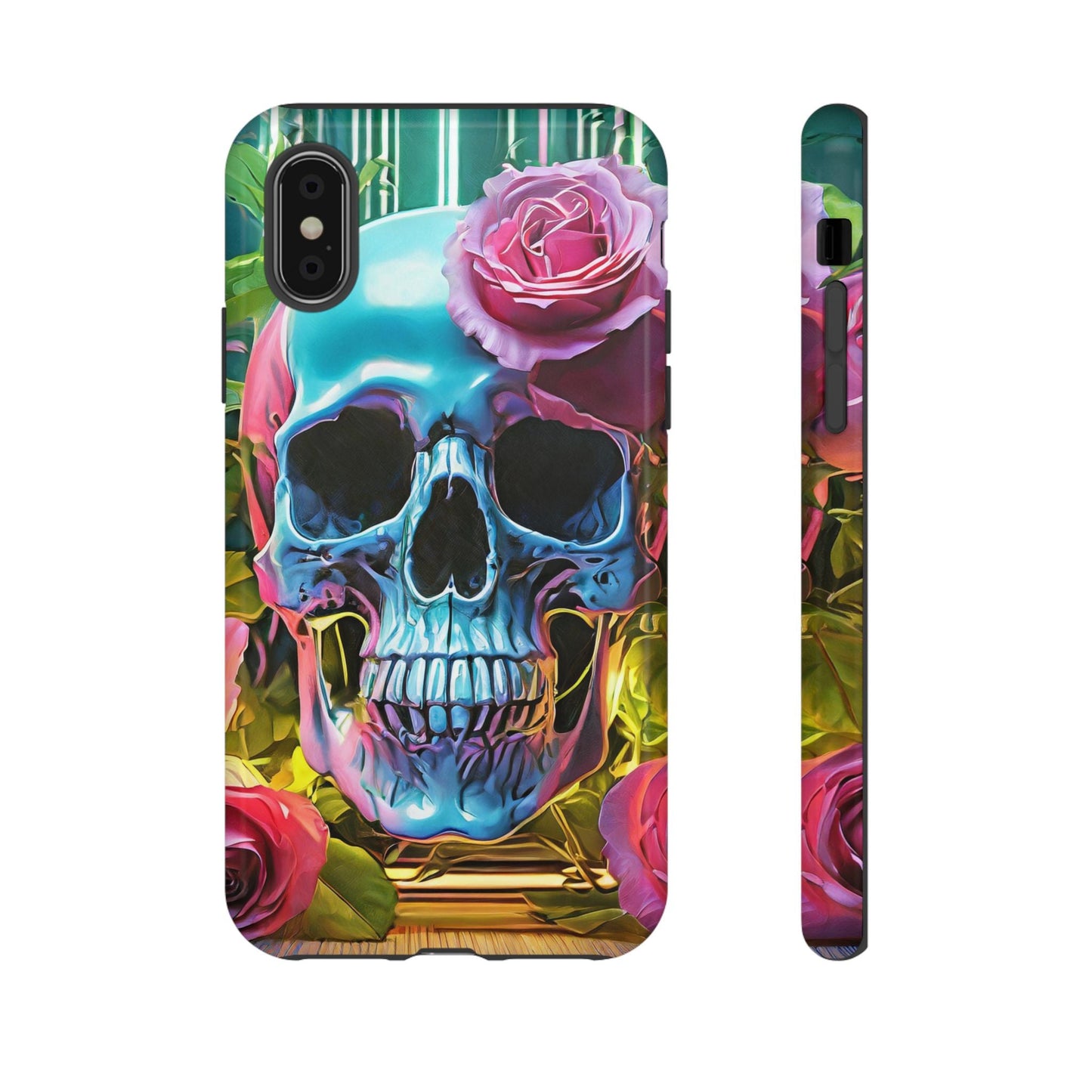 Neon Rose Skull Tough Phone Case
