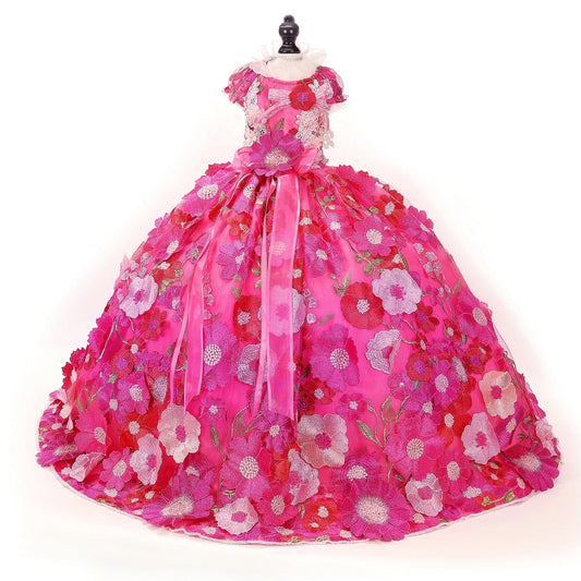 Handmade 3D Floral Embroidered Pet Gown – Hot-Pink Princess Train Dress