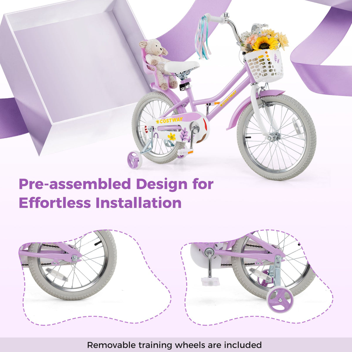 18 Inch Girls Bike Kids Bicycle with Doll Seat and Streamers for Children 4-8 Years Old