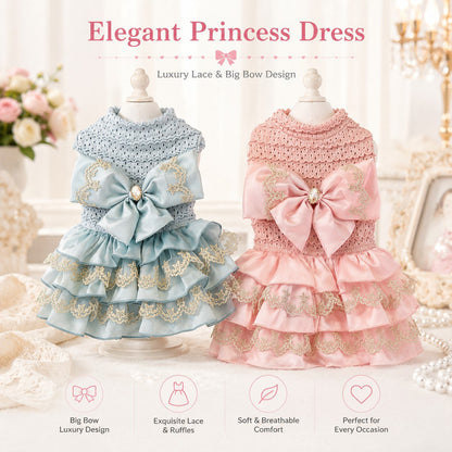 Luxury Princess Dog Dress with Big Bow | Lace Ruffle Puppy Party Dress