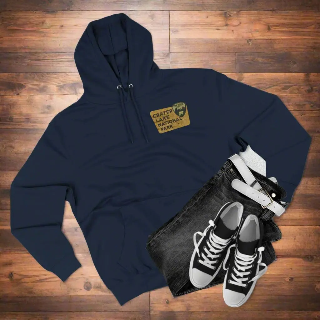 Crater Lake National Park Unisex Fit Fleece Hoodie Scenic View Graphic Wooden Mountain Sign