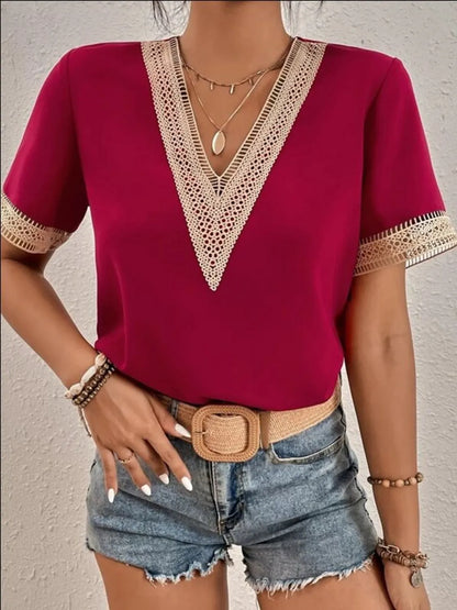 Full Size V-Neck Short Sleeve Blouse Plus Size