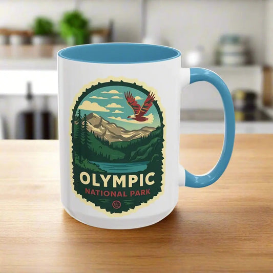Glacier National Park Accent Coffee Mug 11oz 15oz Eagle Fly Over Blue Black Pink Red Outdoor Inspired Ceramic Mug