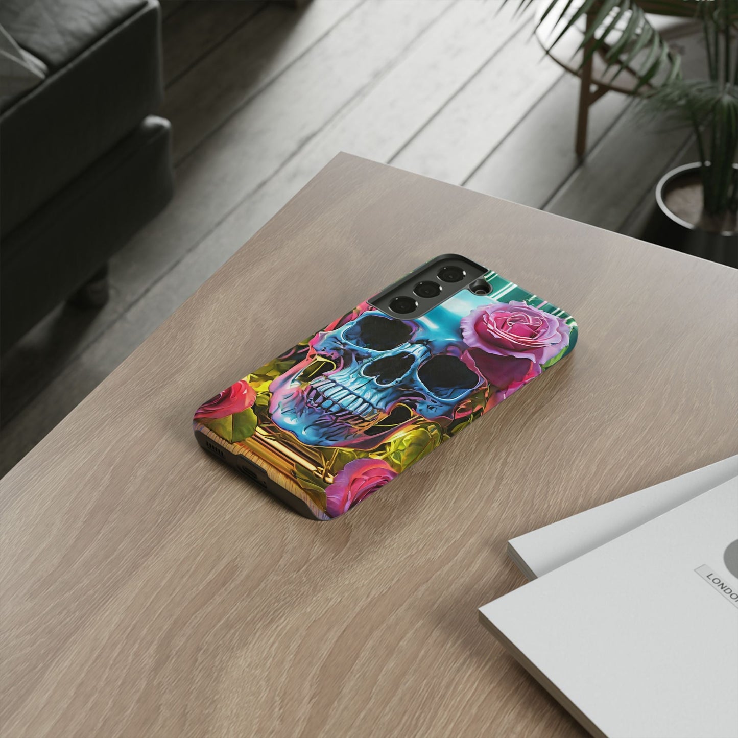 Neon Rose Skull Tough Phone Case