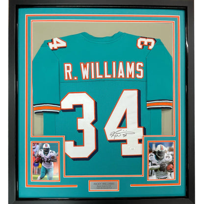 Framed Autographed/Signed Ricky Williams 35x39 Miami Teal Football Jersey JSA COA