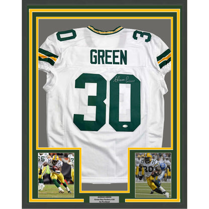 Framed Autographed/Signed Ahman Green 35x39 Green Bay White Football Jersey JSA COA