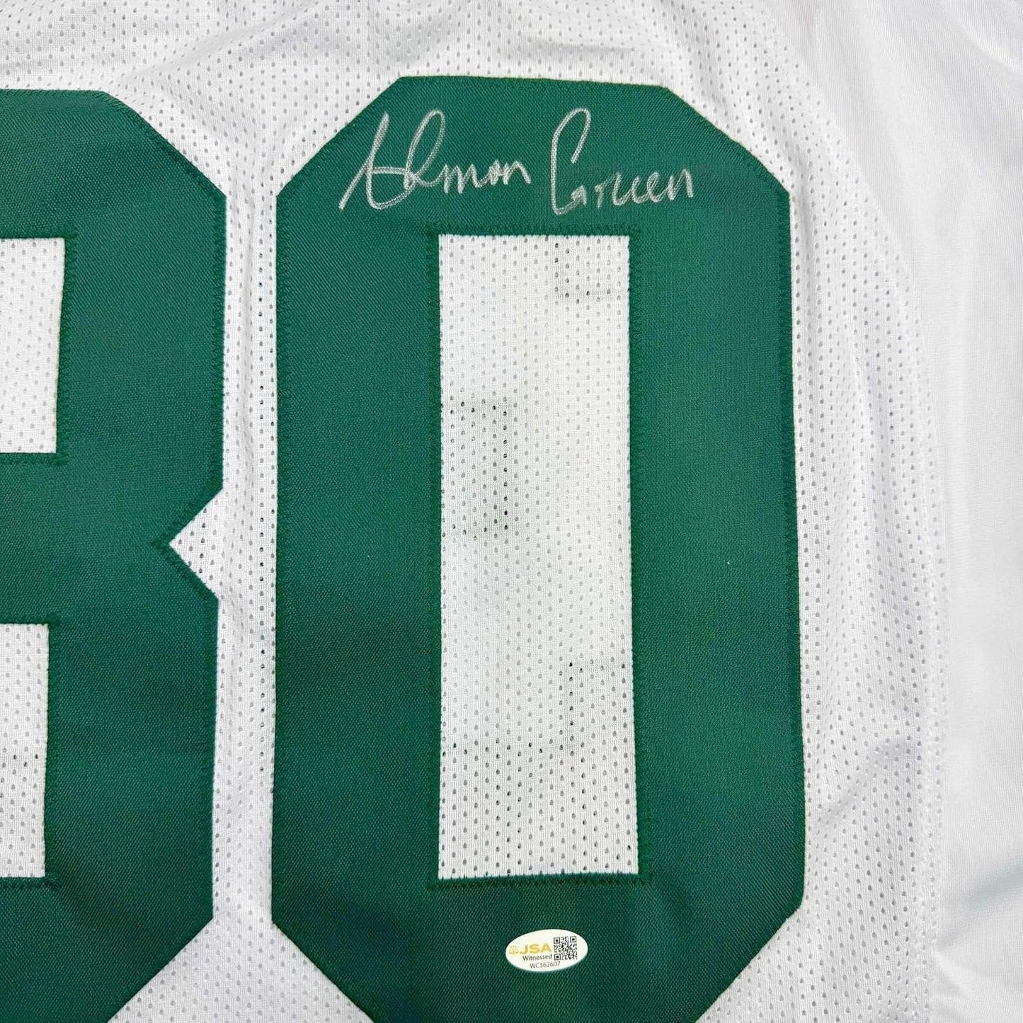 Framed Autographed/Signed Ahman Green 35x39 Green Bay White Football Jersey JSA COA