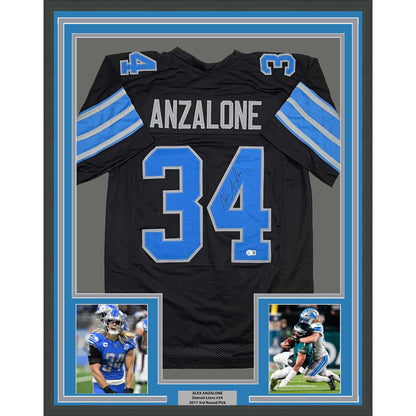 Framed Autographed/Signed Alex Anzalone 35x39 Detroit Black Football Jersey Beckett BAS COA
