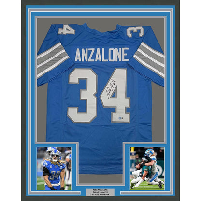 Framed Autographed/Signed Alex Anzalone 35x39 Detroit Blue Football Jersey Beckett BAS COA