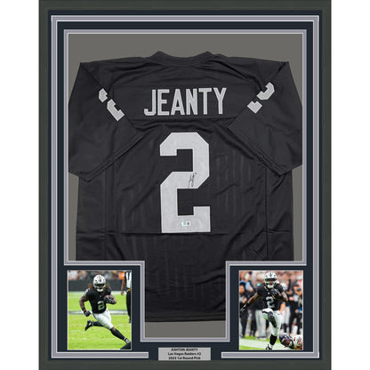 Framed Autographed/Signed Ashton Jeanty 35x39 Oakland Black Football Jersey Beckett BAS COA